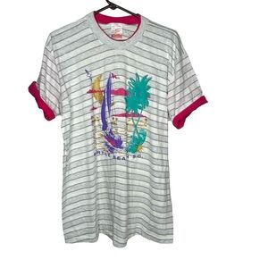 Vtg Summmer Strand Roll Cuff Sleeve Graphic T Shirt Mrytle Beach SC Large Stripe